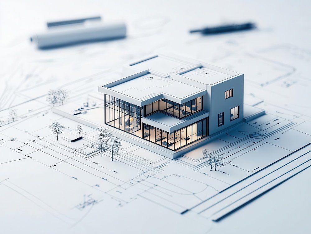 Modelagem de projeto arquitetônico de uma mansão de luxo moderna com estrutura em vidro e planta baixa ao fundo, destacando design contemporâneo e urbanismo.